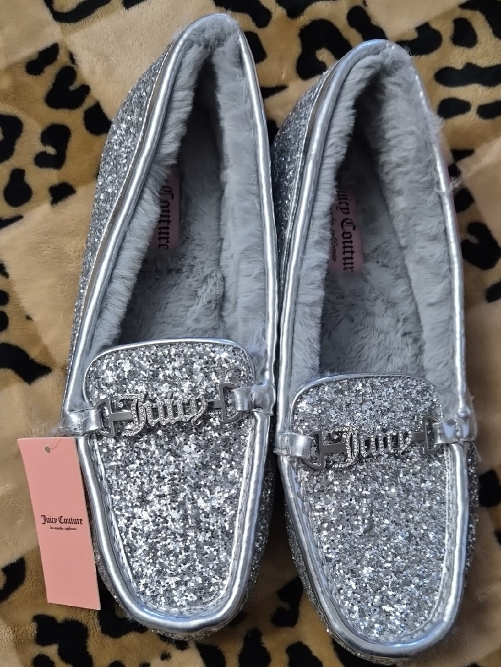 Juicy Couture Silver Glitter Faux-Fur Loafers with Logo Accent